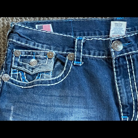 True Religion Ricky Super T Men’s Jeans Blue Patch Thick Stitch Size 38x34 - Picture 10 of 14